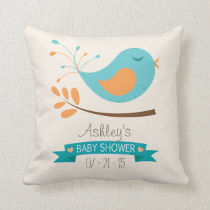 Coussin Oiseau turquoise et orange sur Baby shower de bran