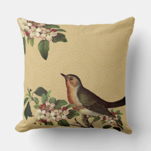 Coussin Oiseau Vintage Élégant sur Fleur de Pommier