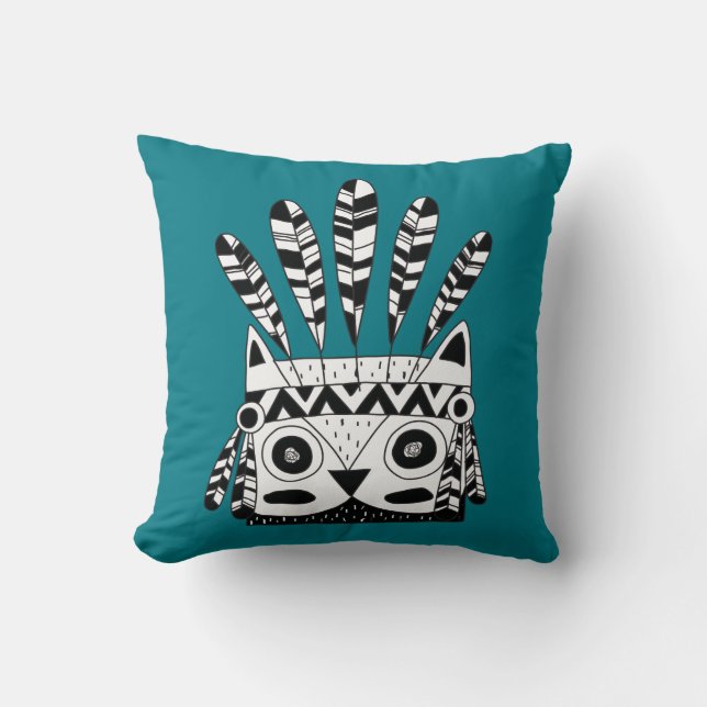 Coussin Oiseaux Animaux Chouette tribale blanche noire Jet (Recto)