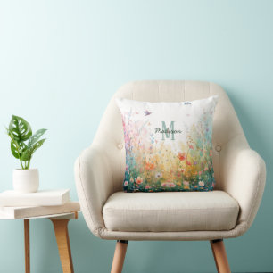 Coussin Oiseaux aquarelle de printemps Monogramme floral F