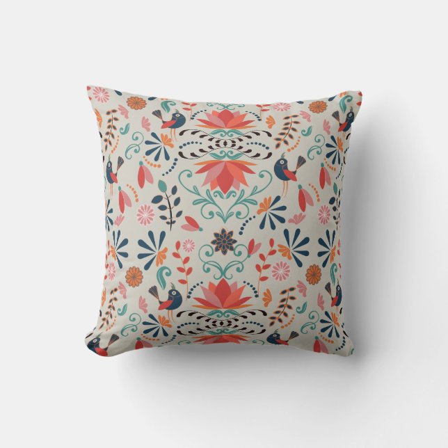 Coussin Oiseaux bleus de l'art populaire motifs floraux ro (Recto)
