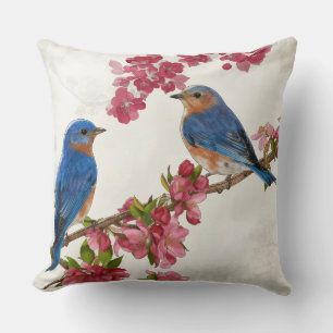 Coussin Oiseaux bleus vintage et fleurs de cerisier roses