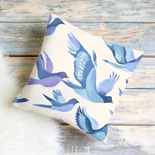 Coussin Oiseaux bleus volants   Aquarelle moderne
