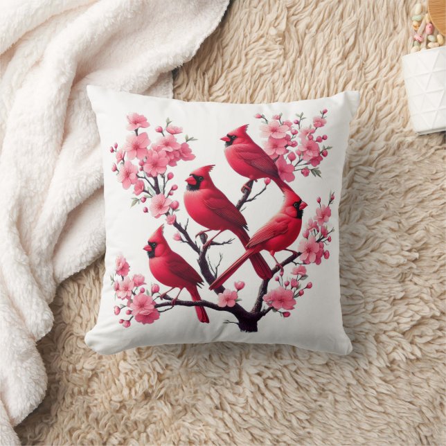 Coussin Oiseaux cardinaux rouges Oiseaux de fleurs de ceri (Couverture)