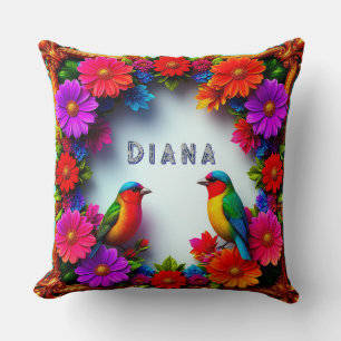 Coussin Oiseaux chanteurs vibrants entourés d'un cadre flo