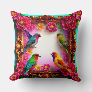 Coussin Oiseaux chanteurs vibrants entourés d'un cadre flo