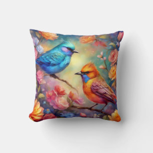 Coussin Oiseaux colorés sur Branche Oiseau rose rose bleu