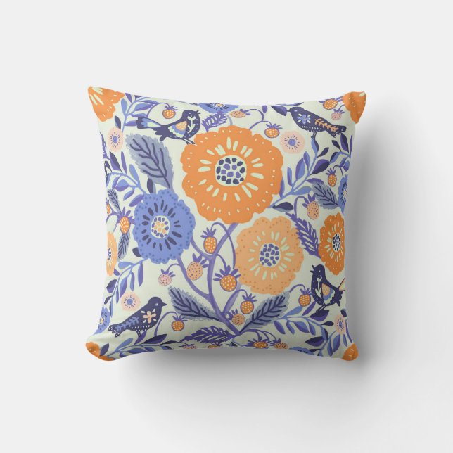 Coussin Oiseaux D'Art Folk Et Fraise (Recto)