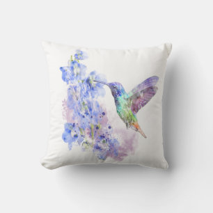Coussin Oiseaux de colibri et fleurs de Delphinium bleu