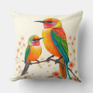 Coussin Oiseaux de dessin animé colorés perchés sur une br