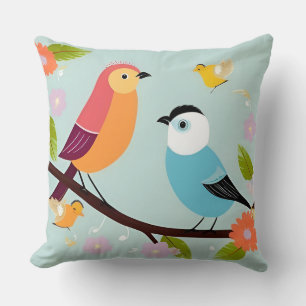 Coussin Oiseaux de dessin animé colorés perchés sur une br