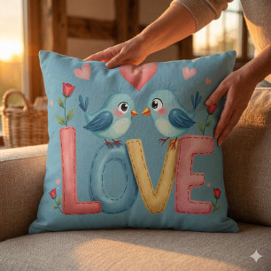 Coussin Oiseaux de l'Amour Fantaisistes Art Pastel Cottage