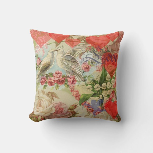 Coussin Oiseaux de l'amour Vintage Antique Cœur (Recto)
