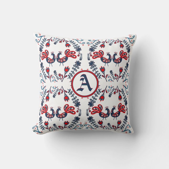 Coussin Oiseaux de l'art populaire scandinave Rouge Bleu M (Recto)