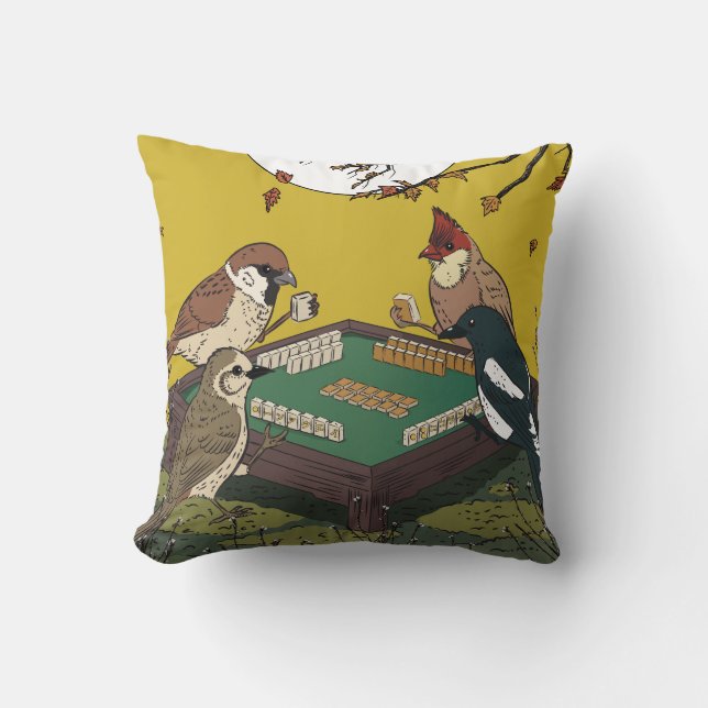 Coussin Oiseaux de Mahjong jouant au jeu  (Recto)
