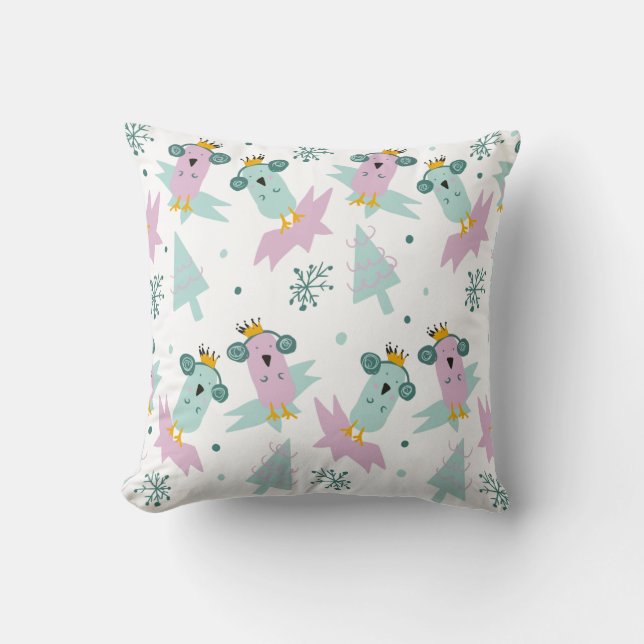 Coussin Oiseaux d'hiver Arbres de Noël Iceberg Doodle (Recto)
