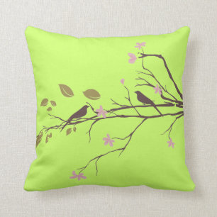 Coussin oiseaux en vert de carreau de fleurs de cerisier