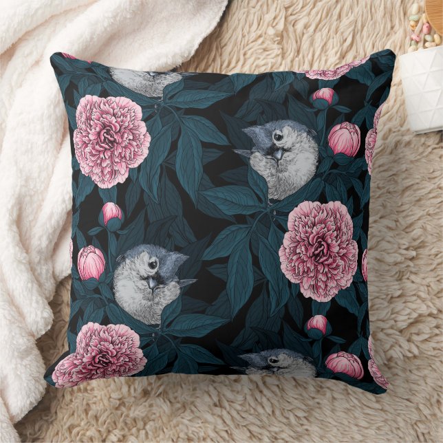 Coussin Oiseaux et fleurs de pivoines roses avec feuille (Couverture)