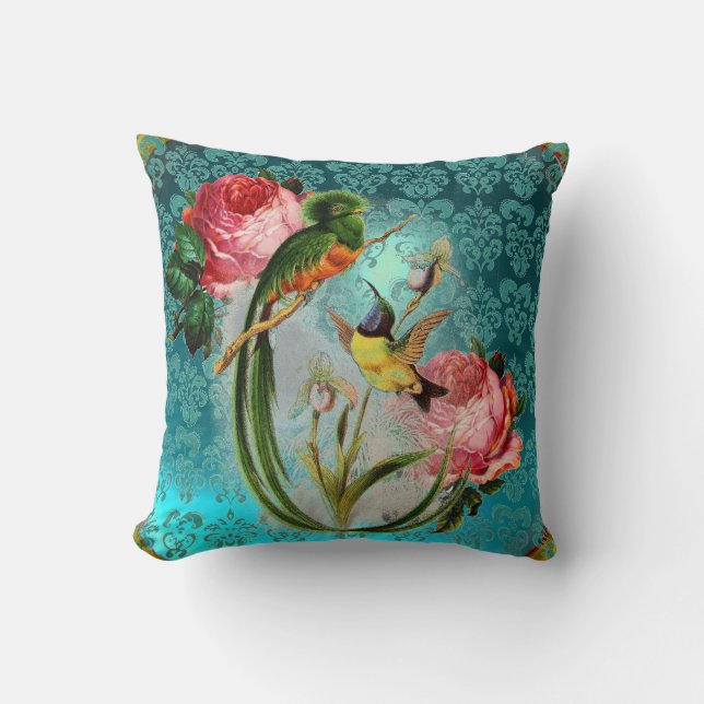 COUSSIN OISEAUX EXOTIQUES ET ROSES ROSES ROSES AQUA BLEU,  (Recto)