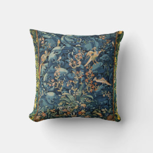 Coussin OISEAUX, FLEURS ET FEUILLES DE CABBAGE, Bleu