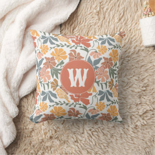 Coussin Oiseaux floraux Abstraits Mi-Siècle Monogramme mod
