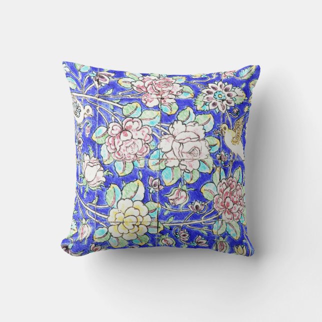 Coussin Oiseaux floraux colorés Bleu (Recto)