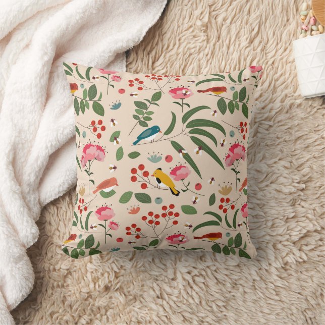 Coussin Oiseaux floraux dessinés à la main Abeilles Motif  (Couverture)