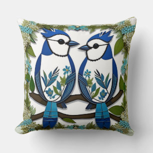 Coussin Oiseaux geai bleu en papier découpé