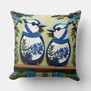 Coussin Oiseaux geai bleu en papier découpé