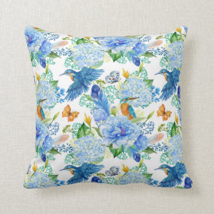 Coussin Oiseaux Humides Et Hydrangée Bleue