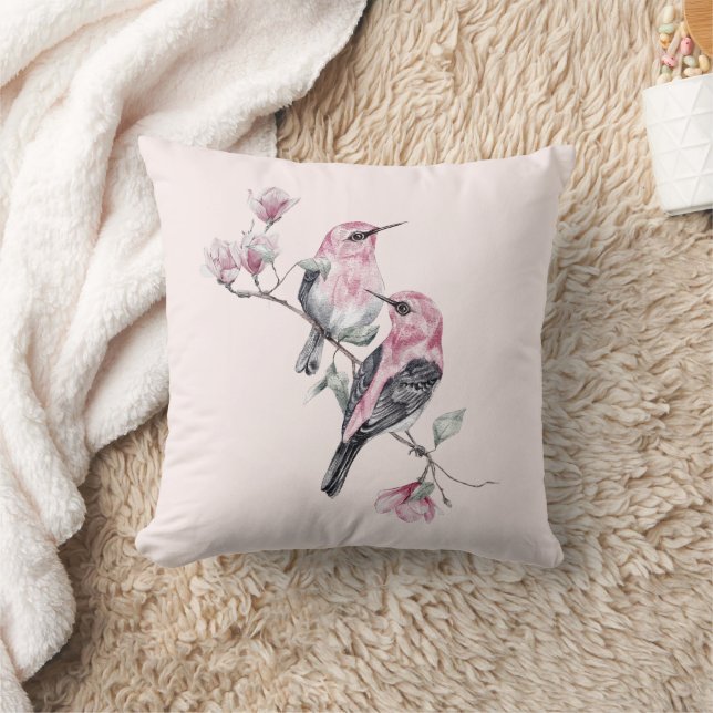 Coussin Oiseaux roses et noirs sur une branche d'arbre (Couverture)