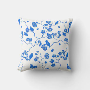 Coussin Oiseaux sur Impression Bleue de Cerisiers en Fleur