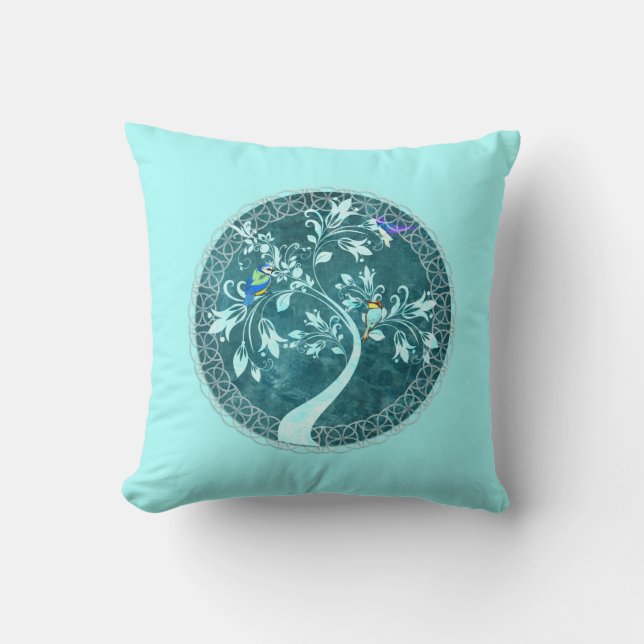 Coussin Oiseaux sur une branche Aqua Blue Reversible (Recto)