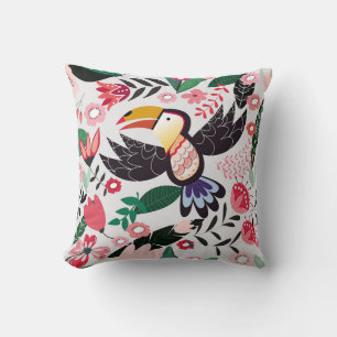 Coussin Oiseaux tropicaux, motif de gribouillis à fleurs.