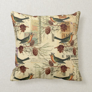 Coussin Oiseaux verts vintages et cônes de pins