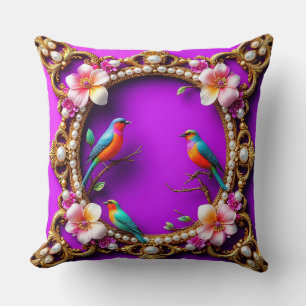 Coussin 🦜 Oiseaux Vibrants Art de la Nature Florale Viole
