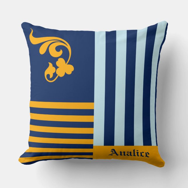 Coussin Old English Navy Blue and Orange Stripes With Name (Recto)