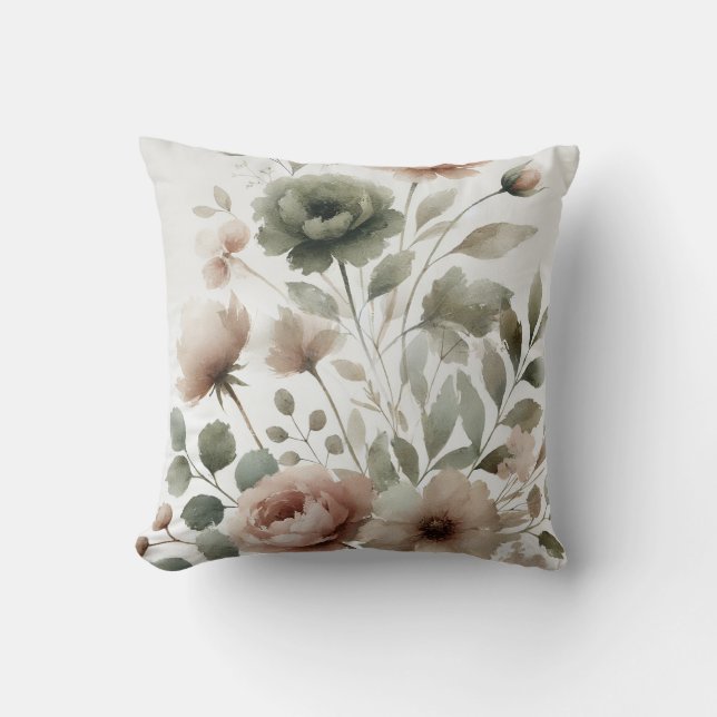 Coussin Olive et rose pâle Aquarelle Florale moderne (Recto)