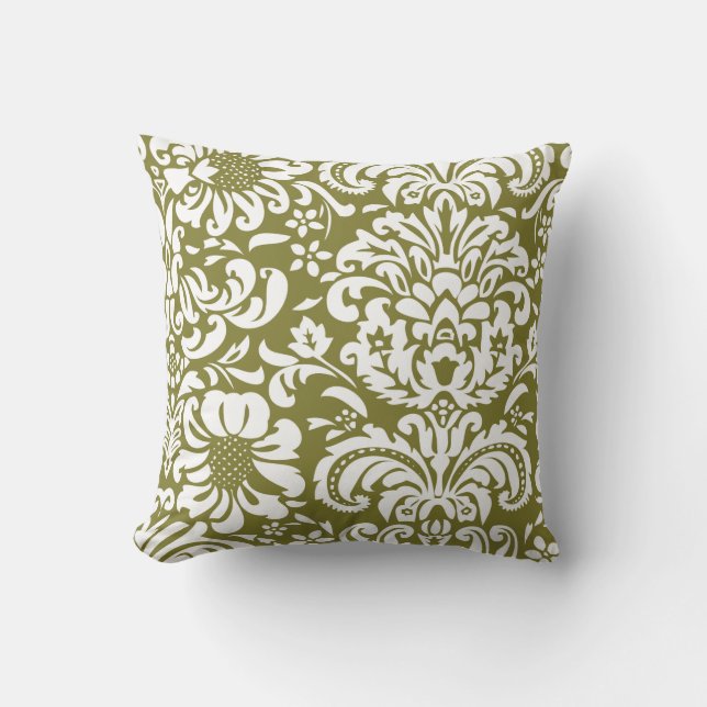 Coussin Olive Vert et blanc Floral Damas (Recto)
