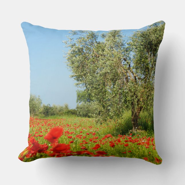 Coussin Olivier dans le carreau de champ de pavot (Recto)