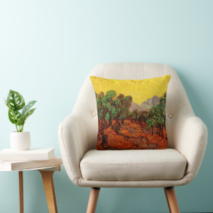 Coussin Oliviers avec ciel jaune et soleil de Van Gogh
