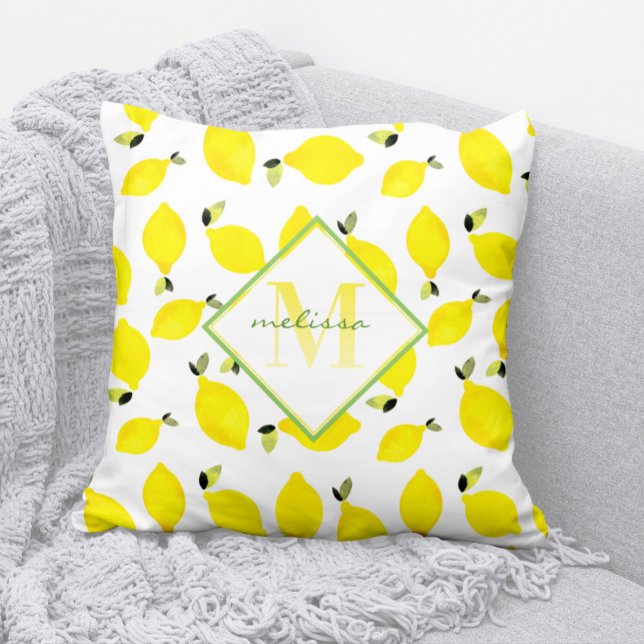 Coussin Ombre Monogramme Lumineux Citrons Jaune Vert Blanc (Modern Lemon Pattern Monogram Pillow with Name)