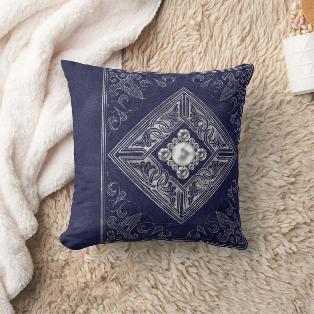 Coussin Opulence ornée | Flouris aux bijoux bleu et argent (Couverture)