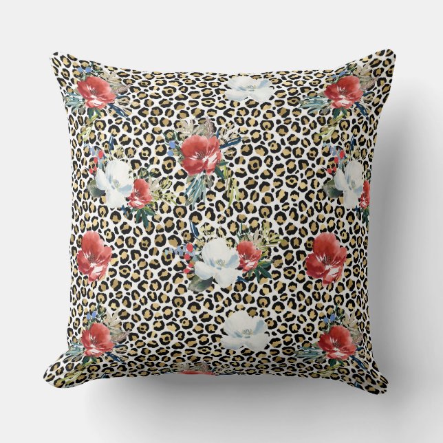 Coussin Or Empreinte de léopard Rouge Blanc Floral (Recto)
