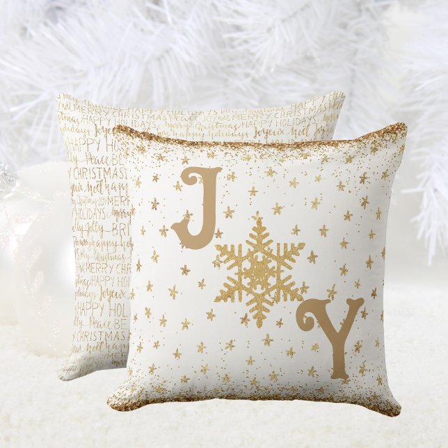 Coussin Or et blanc, élégante JOY Star de Noël (Gold and White, Elegant JOY Christmas Star Throw Pillow)
