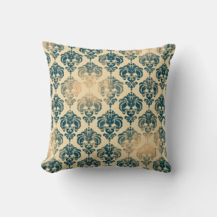 Coussin Or et Bleu Vintage Rustique Moderne Glamour Damass