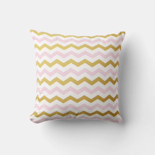 Coussin Or et carreaux roses de motif de Chevron (Recto)