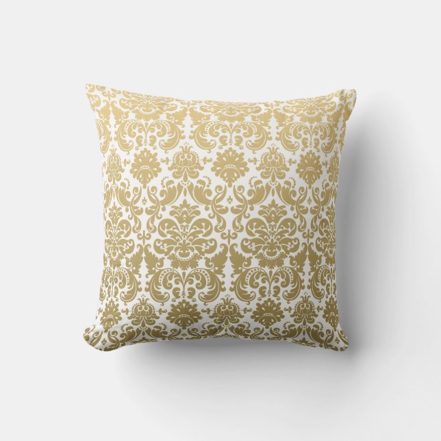 Coussin Or et motif élégant blanc de damassé (Recto)