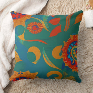 Coussin or feuille bleu sarcelle orange rouge or marocain 