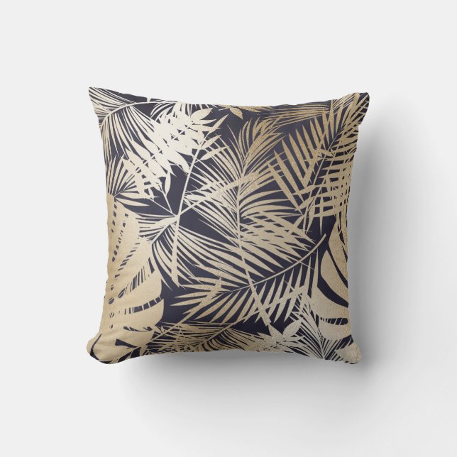 Coussin Or floral tropical et bleu marine (Recto)